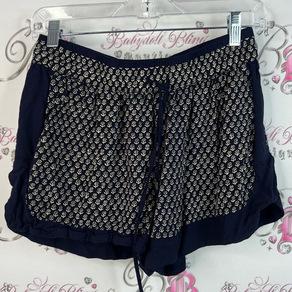 Zara shorts floral flowers blue Navy white Cream Patterned Shorts tie up waist